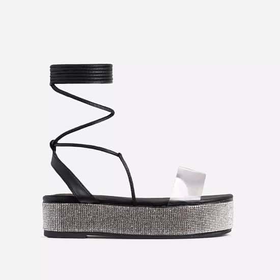 SALE - Lola Diamanate Detail Clear Perspex Lace Up Flatform Flat Sandal In Black Faux Leather!