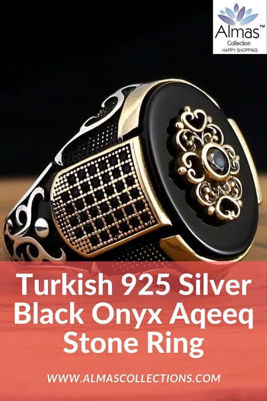 New Turkish 925 Silver Black Onyx Aqeeq Stone Ring