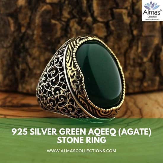 Turkish 925 Silver Ring with Green Aqeeq (Agate) Stone