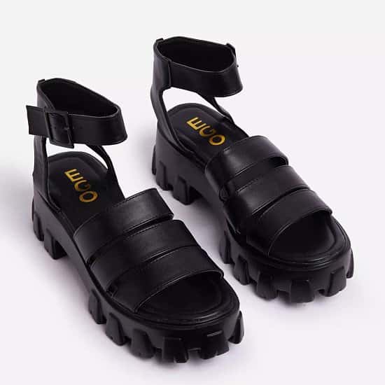 SALE - Swift Chunky Sole Flat Gladiator Sandal In Black Faux Leather!