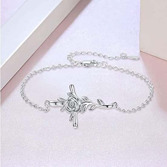 Bracelet for Women 925 Sterling Silver Cross Bracelet Rose Flower Faith Hope Love