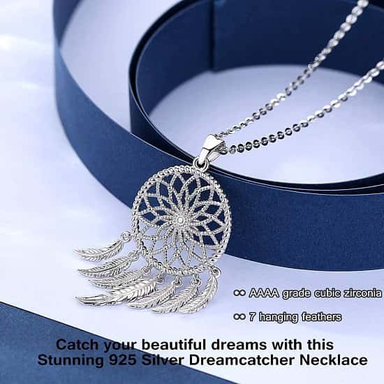 925 Sterling Silver Dreamcatcher Necklace Stamped Silver Feathers Pendant
