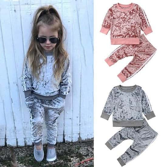 Velvet Kids Baby Girls Clothes Sets Solid Long Sleeve T-shirt Tops + Pants 2PCS Outfit Sets 1-5T