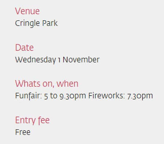 Cringle Park. Traditional fireworks and funfair.