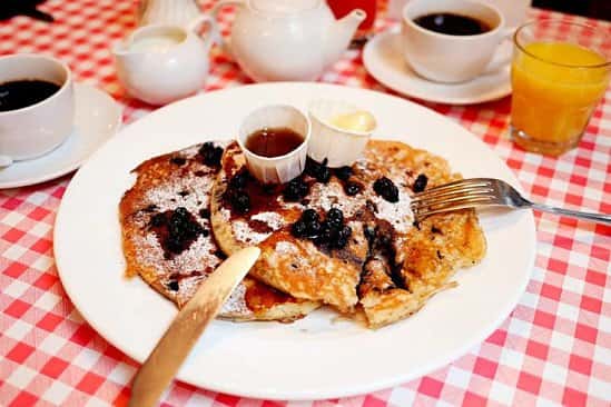 Annie's Delicious Homemade, Light and Fluffy Maine Blueberry Pancakes. Available Daily 8 - 10:30am