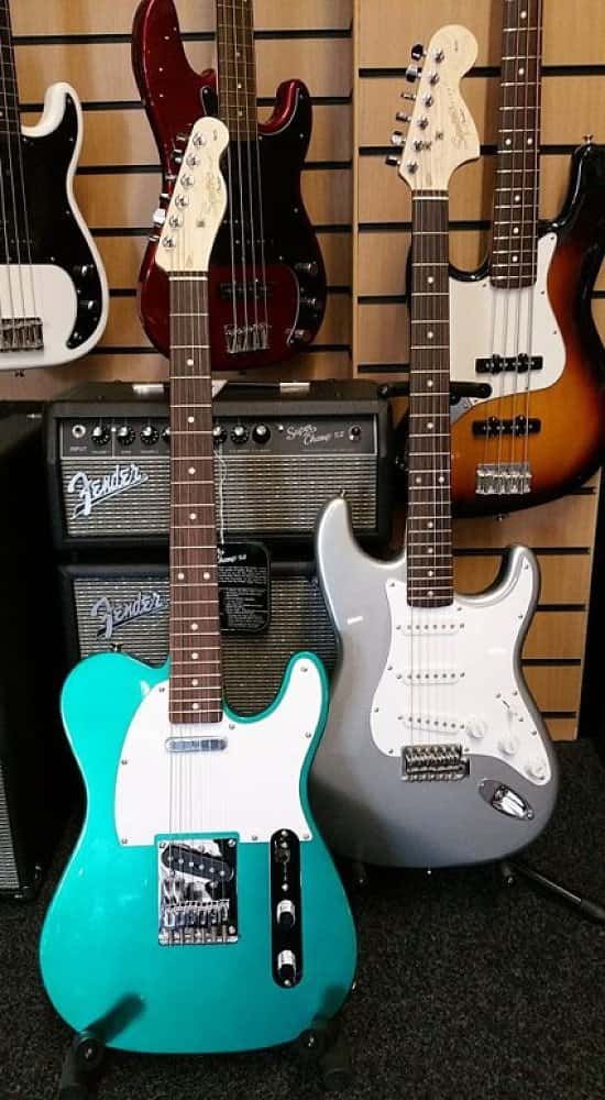 Here's a couple of the New Fender Squire Finishes. A Race Green Telecaster and a Slick Silver Strat