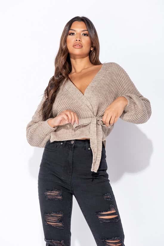 MOCHA WRAP FRONT BELTED PUFF SLEEVE CROPPED CARDIGAN