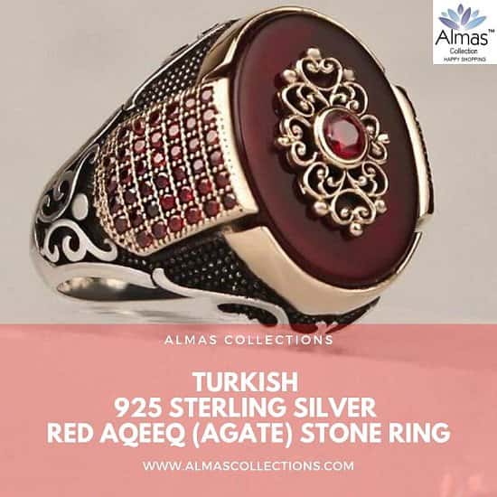 Turkish 925 Silver Red Aqeeq Agate Zircon Stone Ring