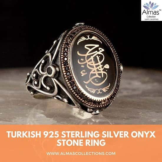 Silver Edep Ya Hu Ring |Turkish Onyx Stone Ring | Almas Collections |