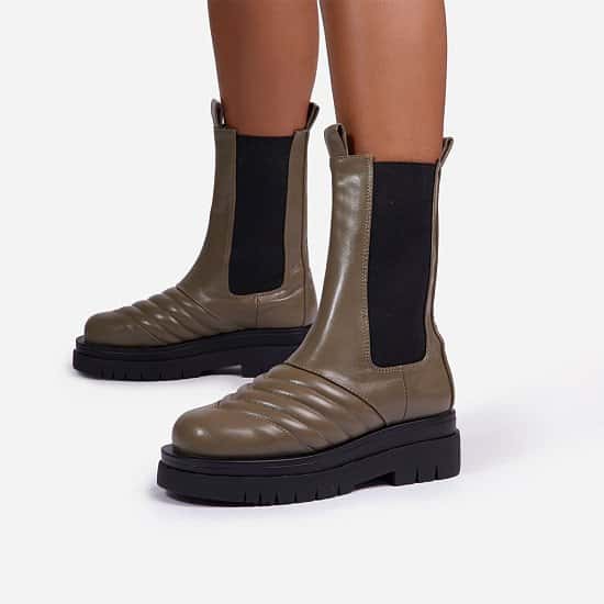50% Off Ayah Stitch Detail Mid Calf Ankle Biker Boots In Khaki Green Faux Leather