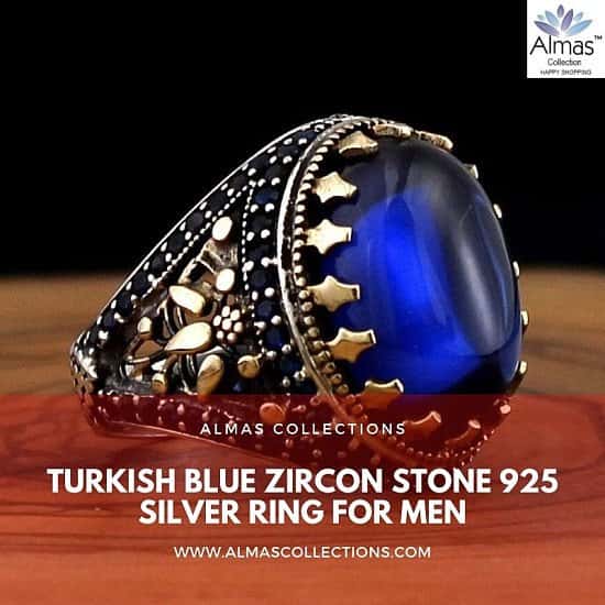 Turkish Blue Zircon Stone 925 Silver Ring for Men