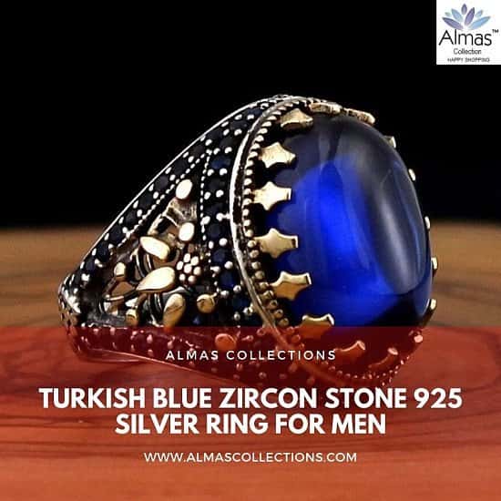 Turkish Blue Zircon Stone 925 Silver Ring for Men Almas