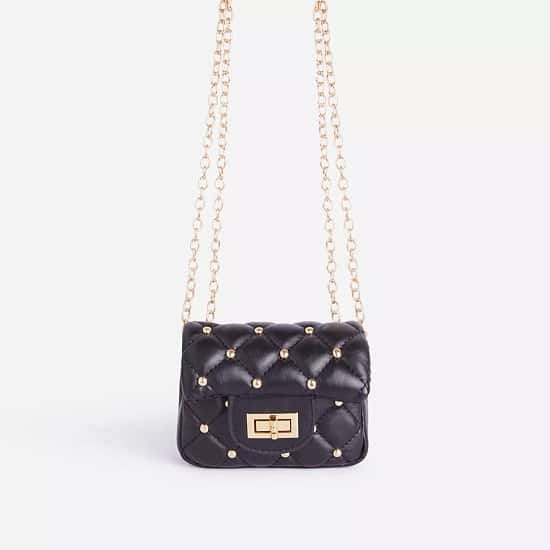 SALE - Birdy Studded Detail Quilted Mini Bag In Black Faux Leather
