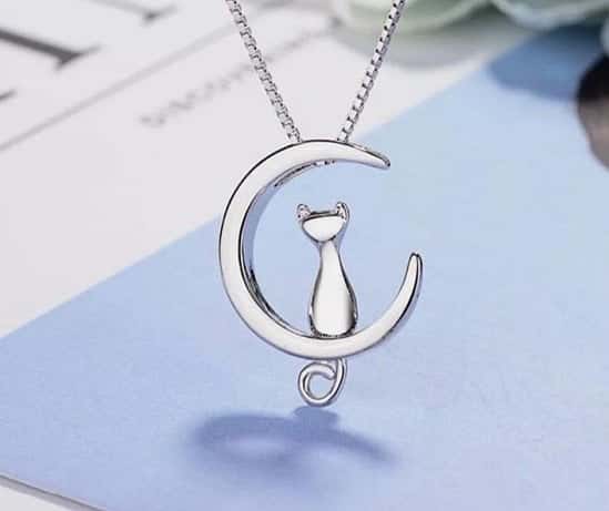 New Cat Moon Pendant Necklace 925 Sterling Silver