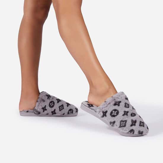 Save - Kulture Fluffy Printed Detail Flat Slipper In Grey Faux Fur