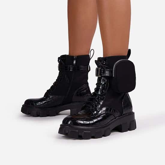 Save on Flame Pocket Detail Lace Up Chunky Sole Ankle Biker Boot In Black Croc Print Patent