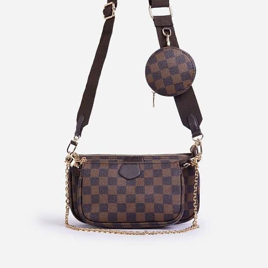 SAVE - Mika Checked Chain And Purse Detail Cross Body Bag In Brown Faux Leather