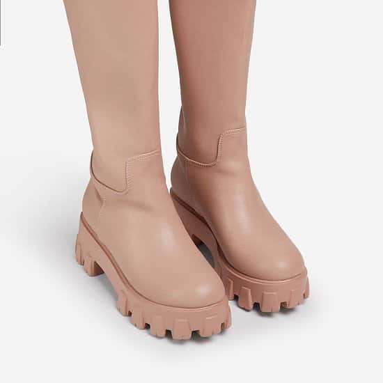 Reduced! Drizzle Chunky Sole Knee High Long Wellington Boot In Nude Faux Leather!