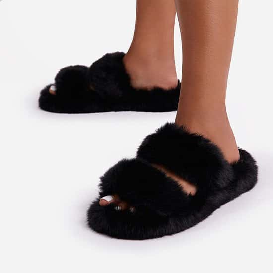 Save on these Pamper Fluffy Double Strap Slider Slipper In Black Faux Fur