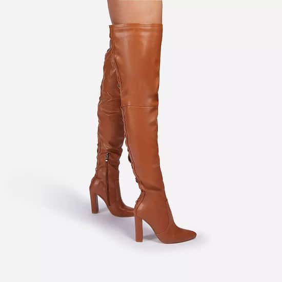 SAVE - Invasion Block Heel Lace Up Over The Knee Thigh High Long Boot In Tan Brown Faux Leather