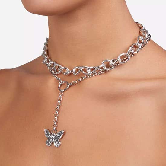 SAVE - Drop Butterfly Detail Chunky Chain Choker In Silver