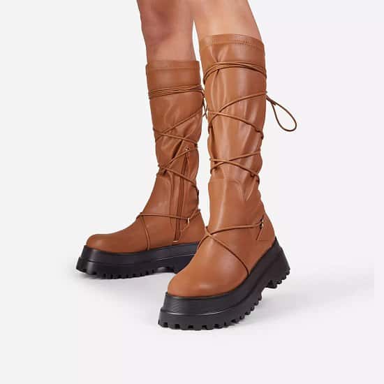 SAVE - Akali Lace Up Detail Chunky Sole Knee High Long Biker Boot In Tan Brown Faux Leather