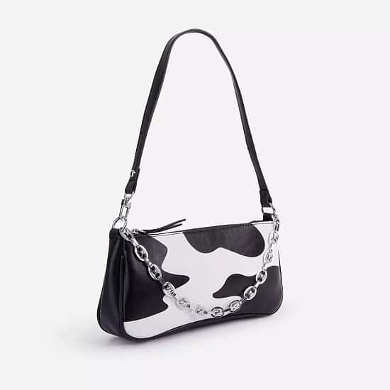 SAVE - Alexa Chain Detail Shoulder Bag In Black Cow Print Faux Leather