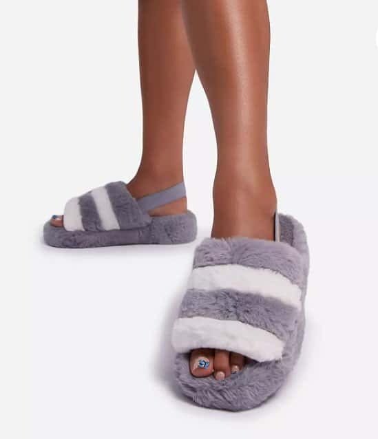 SAVE - Boo Fluffy White Stripe Slipper In Grey Faux Fur