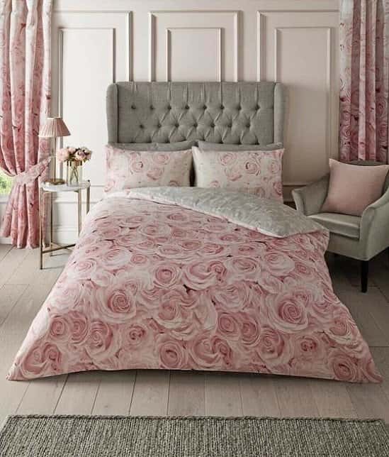 Blush Pink Rose Flower Duvet Set Reversible Grey Quilt Cover