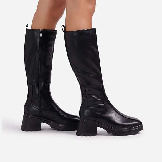 SAVE - Burst Block Heel Knee High Long Wellington Boot In Black Faux Leather