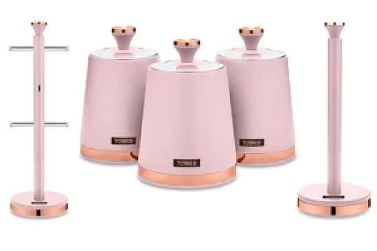 Tower Cavaletto Mug Tree, Towel Pole & 3 Piece Canister Combo Set Marshmallow Pink & Rose Gold