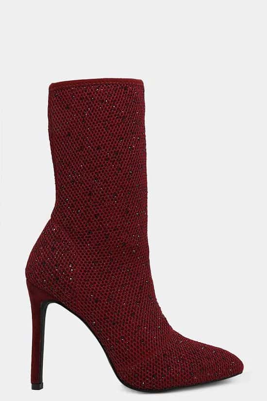 BURGUNDY CRYSTALS EMBELLISHED KNIT STILETTO BOOTS £17.99 Free Postage