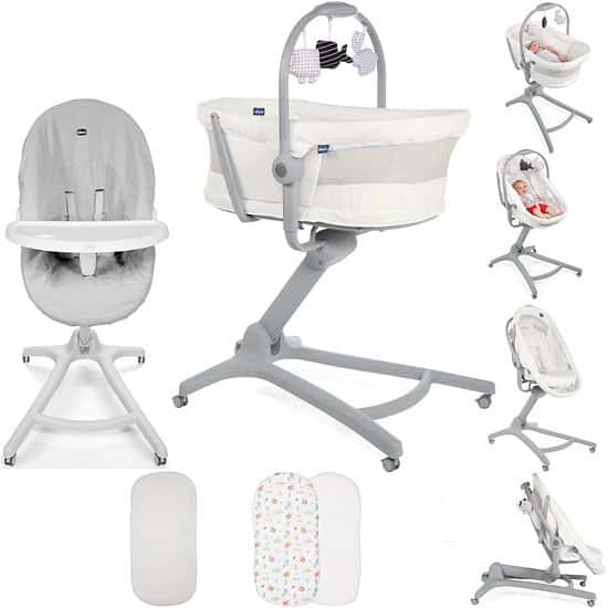Chicco 5 Piece 4in1 Baby Hug Seat, High Chair & Crib Meal Time Nursery Bundle - White Snow