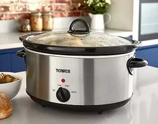 Tower 5.5 Lt Stainless Steel Slow Cooker Pot Warmer 5 Portions Glass Lid Free Postage