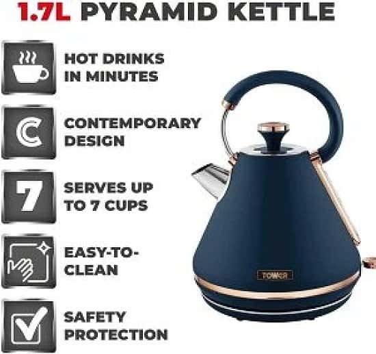 Tower Cavaletto 1.7L 3000W Pyramid Kettle - Blue/Rose Gold Free Postage