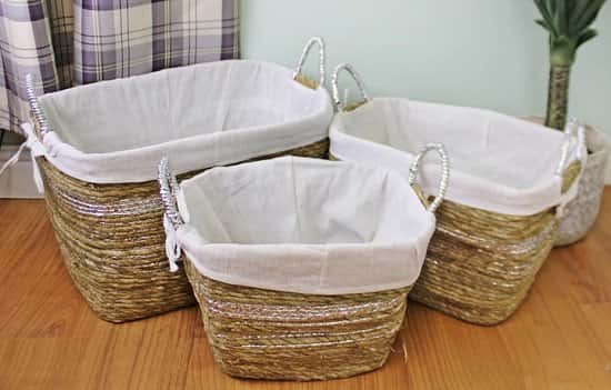 Set Of 3 Fabric Lined Raffia & Silver Baskets Free Postage
