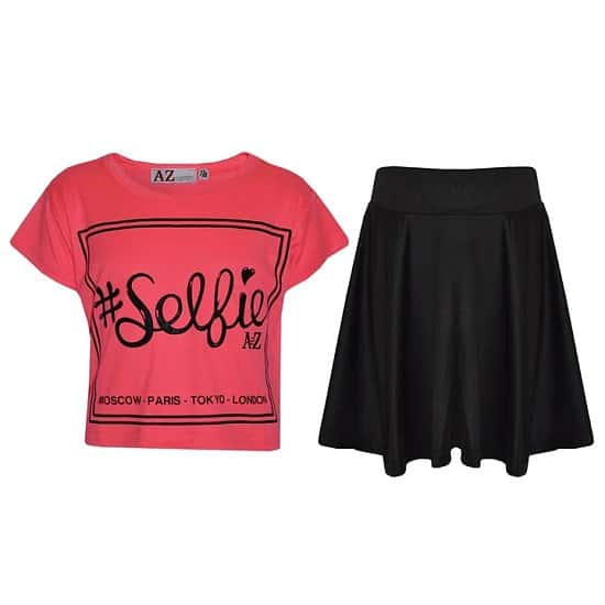 ( Neon Pink) Girls Selfie Print Stylish Crop Top & Skater Skirt Set Age 5-13 Years Free Postage