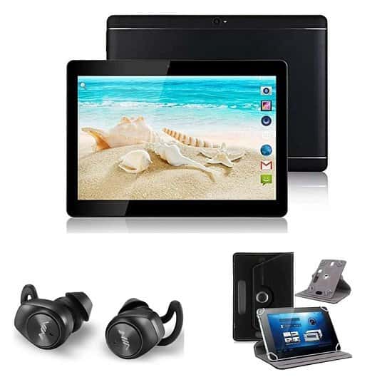 (Black) 10.1" Android 8 Tablet Bundle (Earbuds and Leather Case) Free Postage