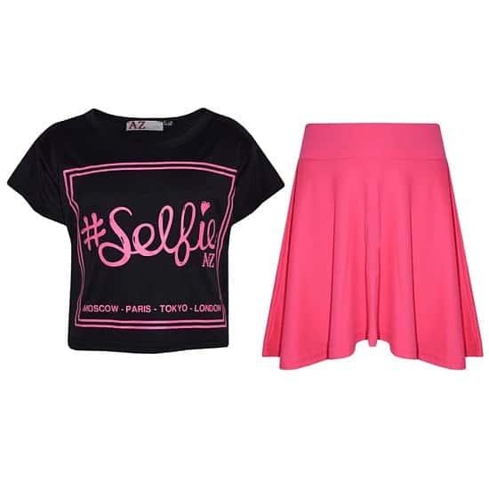 (Black) Girls Selfie Print Stylish Crop Top & Skater Skirt Set Age 7-13 Years Free Postage