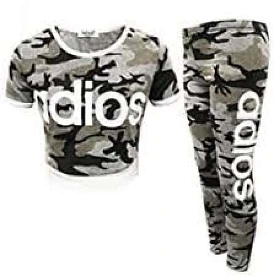 (Camo Charcoal) Girls Adios Crop Top Leggings Set Camouflage Tracksuit 7-13 Yr Free Postage