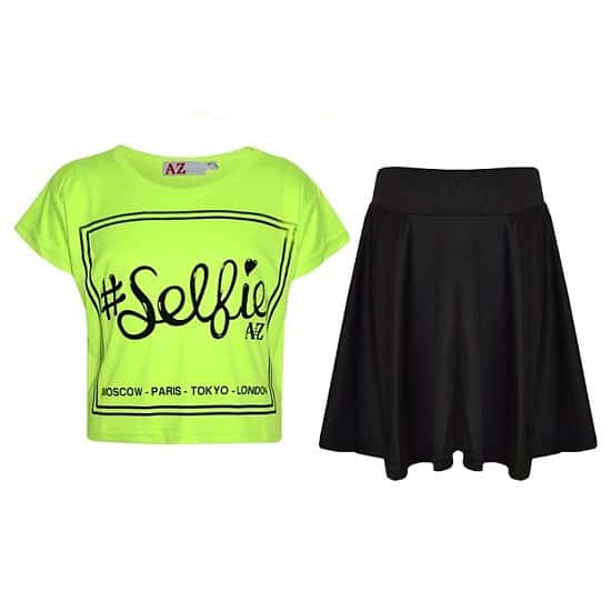 (Neon Green) Girls Selfie Print Stylish Crop Top & Skater Skirt Set Age 5-13 Years Free Postage