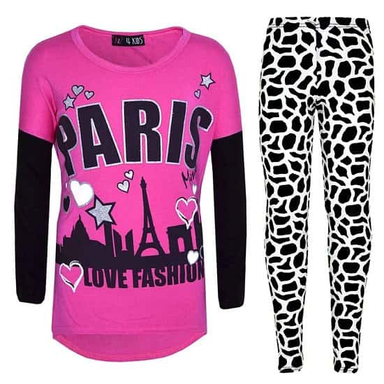 (Pink) Kids Girls PARIS Printed Trendy Top & Fashion Legging Set New Age 7-13 Years Free Postage