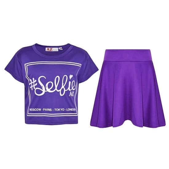 (Purple) Girls Selfie Print Stylish Crop Top & Skater Skirt Set Age 5-13 Years Free Postage