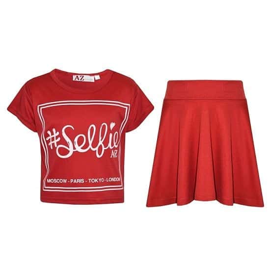 (Red) Girls Selfie Print Stylish Crop Top & Skater Skirt Set Age 5-13 Years Free Postage