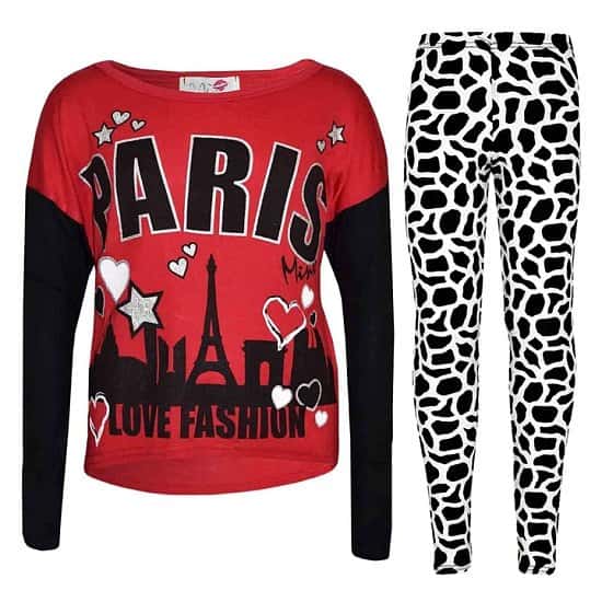 (Red) Kids Girls PARIS Printed Trendy Top & Fashion Legging Set New Age 7-13 Years Free Postage