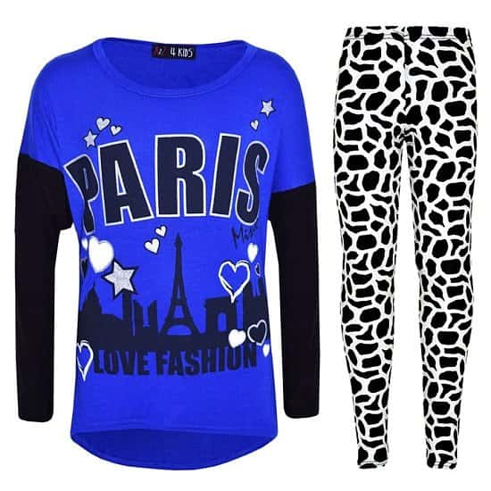 (Royal Blue) Kids Girls PARIS Printed Trendy Top & Fashion Legging Set New Age 7-13 Years Free Posta