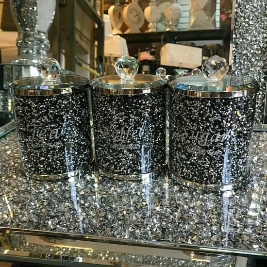(Silver Black / Silver Writing) Crushed Diamond Tea Coffee Sugar CANISTERS Free Postage