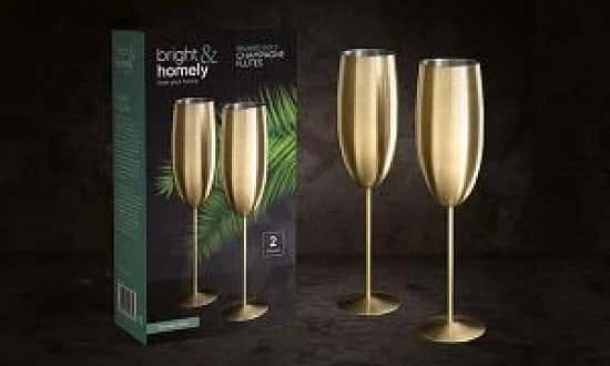 2 Brushed Gold Champagne Wine Flutes Glasses Stainless Steel Shatterproof Free Postage