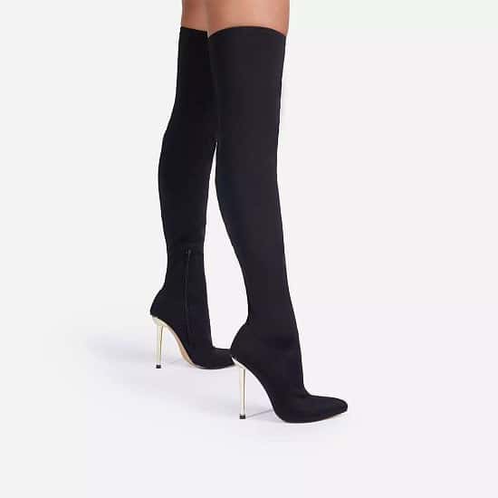 SAVE - Gleam-On Pointed Toe Metallic Heel Over The Knee Thigh High Long Sock Boot In Black Lycra
