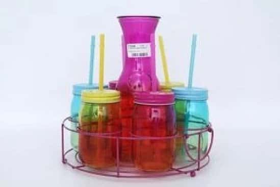 2 Toned Set Of 6 Glass Drinks Carafe Set Multi Colour Summer Theme Party Set With Caddy Free Postage